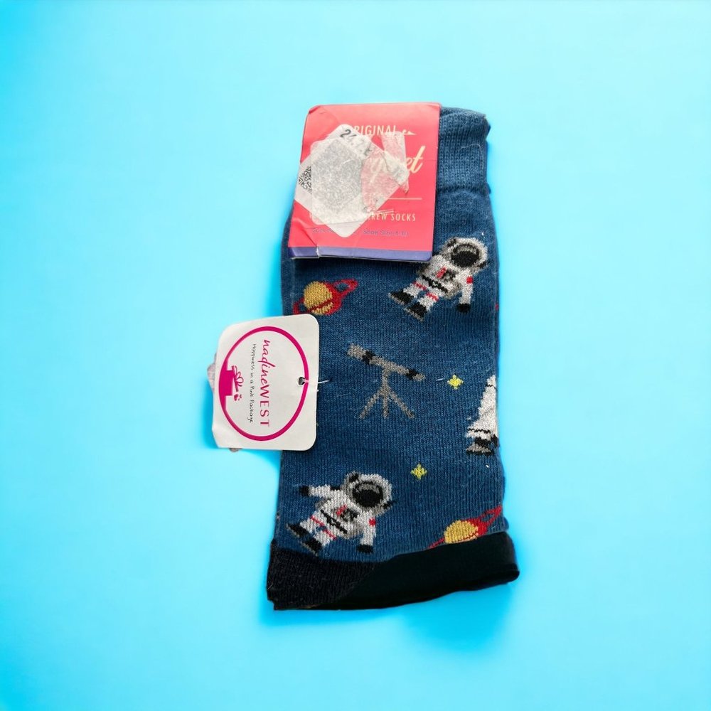Original Parquet Women Fun Crew Novelty Socks Space Astronaut Blue NWT